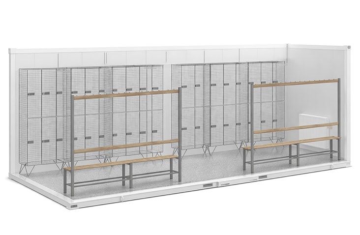Interior of a 20ft x 8ft site accommodation drying room featuring metal mesh lockers, timber bench seating and durable flooring, providing secure clothing storage and drying facilities for construction site welfare