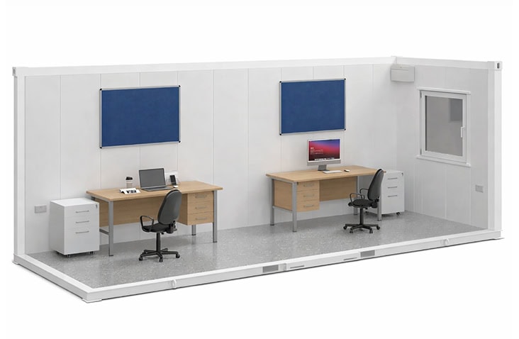 20ft x 8ft site office interior with two workstations, desks, chairs and notice boards, providing spacious temporary office accommodation for construction and infrastructure projects 