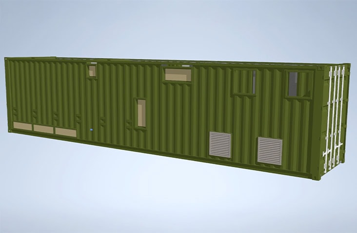 CAD drawing of a 40ft shipping container water treatment system, showing the external layout with access doors, vents, inspection hatches and airflow management features for a containerised treatment plant.