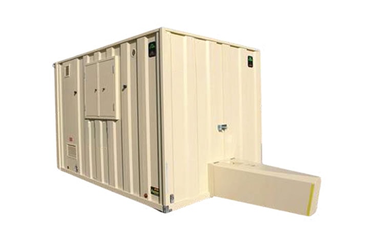 Cream self-contained welfare unit with external access door and integrated service panels, used for construction site welfare hire, providing on-site toilet and welfare facilities for site operatives. 