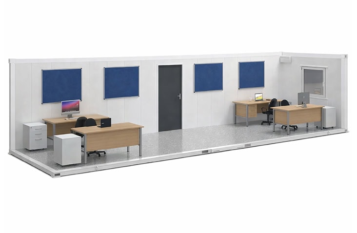 32ft x 10ft site accommodation office interior with multiple desks, chairs and partitioned workspace, designed for team offices, site management and temporary office hire 