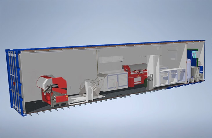 Computer-aided design (CAD) rendering of a containerised workshop showing internal machinery layout, workbenches and plant equipment inside a modified shipping container.