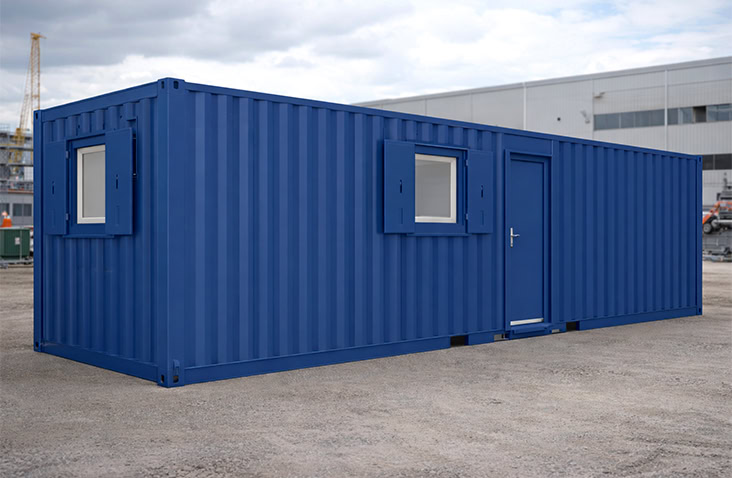 Blue 32ft x 10ft split canteen and changing room site accommodation unit with windows and access door, suitable for construction welfare hire. 