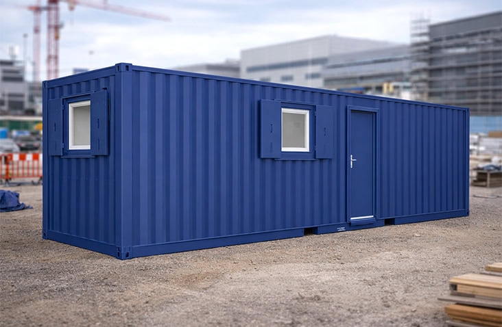 Blue 32ft x 10ft site accommodation unit combining canteen and toilet facilities, featuring steel personnel door and shuttered windows, installed on an active construction site for workforce welfare and site accommodation hire 