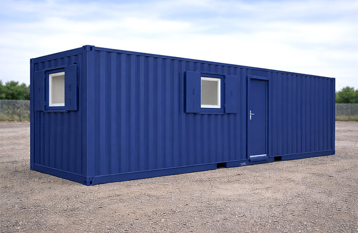 Blue 32ft x 10ft site accommodation unit combining office and toilet facilities, featuring external steel container construction with personnel door and windows, suitable for construction site offices, welfare units and temporary office hire 