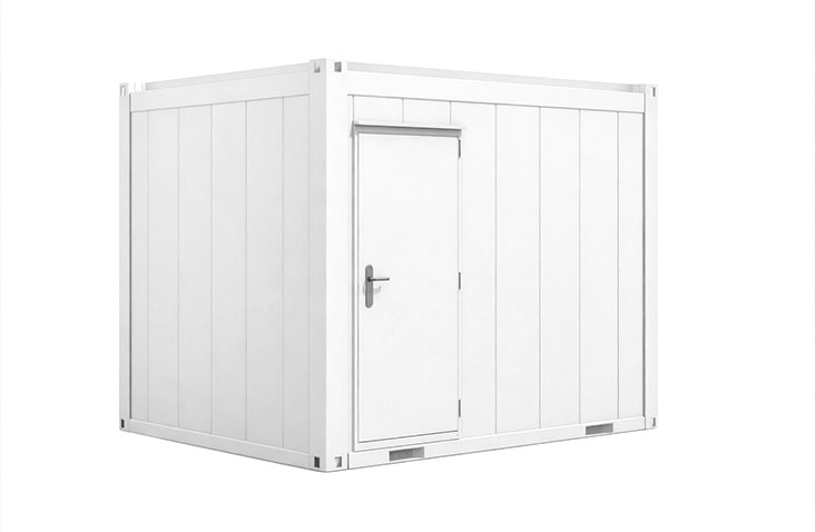     White 10ft x 8ft steel site accommodation changing room with single personnel door, insulated panel construction and flat roof, designed for temporary welfare facilities on construction and industrial sites.  