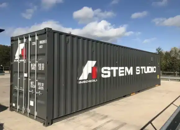 40ft branded STEM Studio shipping container conversion by S Jones Conversions, providing a mobile education and engineering workshop for schools, colleges and training providers. 