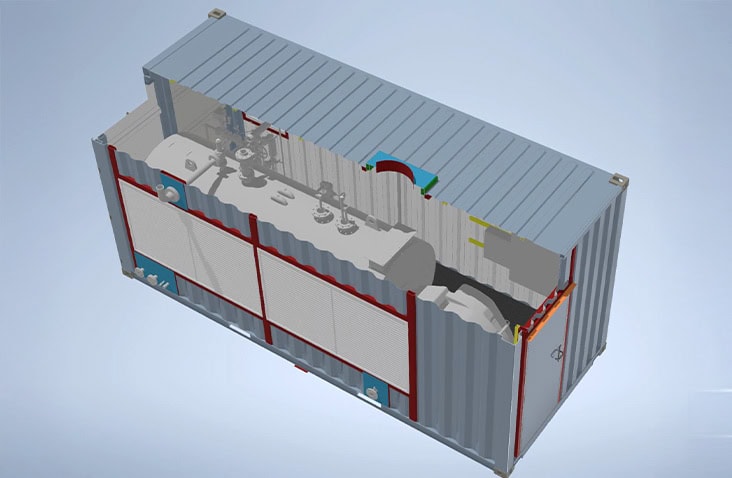 3D CAD cutaway drawing of a containerised steam boiler plant showing pipework, ventilation systems and insulated panels inside a modified shipping container. 