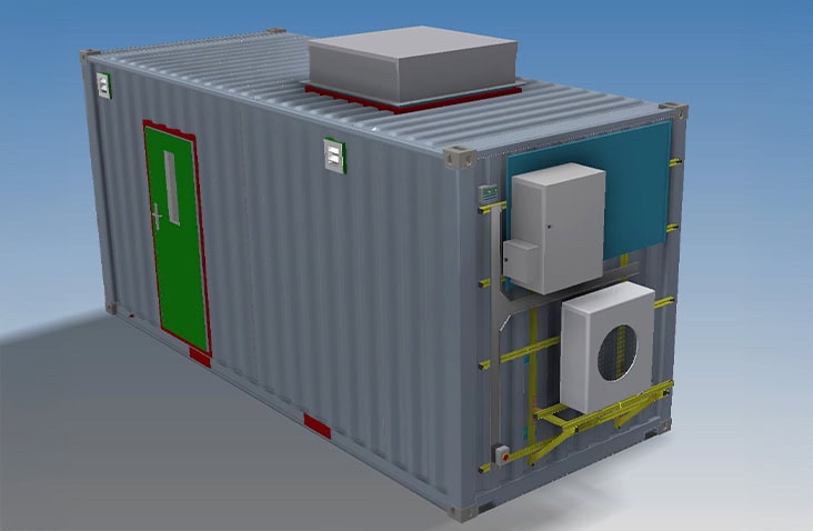 CAD drawing of a 20ft battery storage container showing external services, illustrating a containerised lithium-ion battery store with personnel access door, rooftop ventilation unit, external HVAC equipment and electrical cabinets.