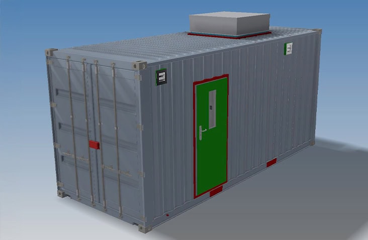 CAD rendering of a 20ft lithium-ion battery storage container, showing the front elevation with secure cargo doors, green personnel door, safety signage and roof-mounted ventilation system for battery energy storage applications.