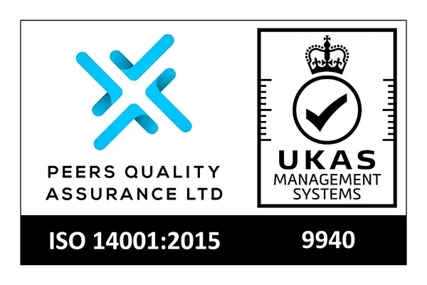 Peers Quality Assurance Ltd logo alongside the UKAS Management Systems mark, showing ISO 14001:2015 environmental management system certification with accreditation number 9940.