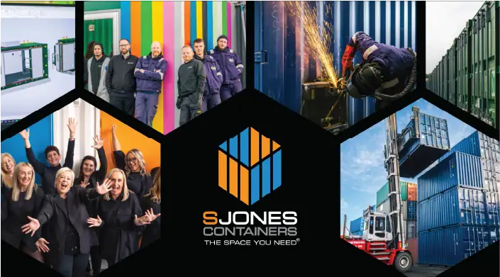 A promotional collage for S Jones Containers, featuring their logo in the center with the tagline 'The Space You Need.' Surrounding the logo are hexagonal images depicting different aspects of the company's work, including a team of employees, a colorful container project, a worker welding a shipping container with sparks flying, a forklift lifting a container in a depot, and a group of office staff celebrating.