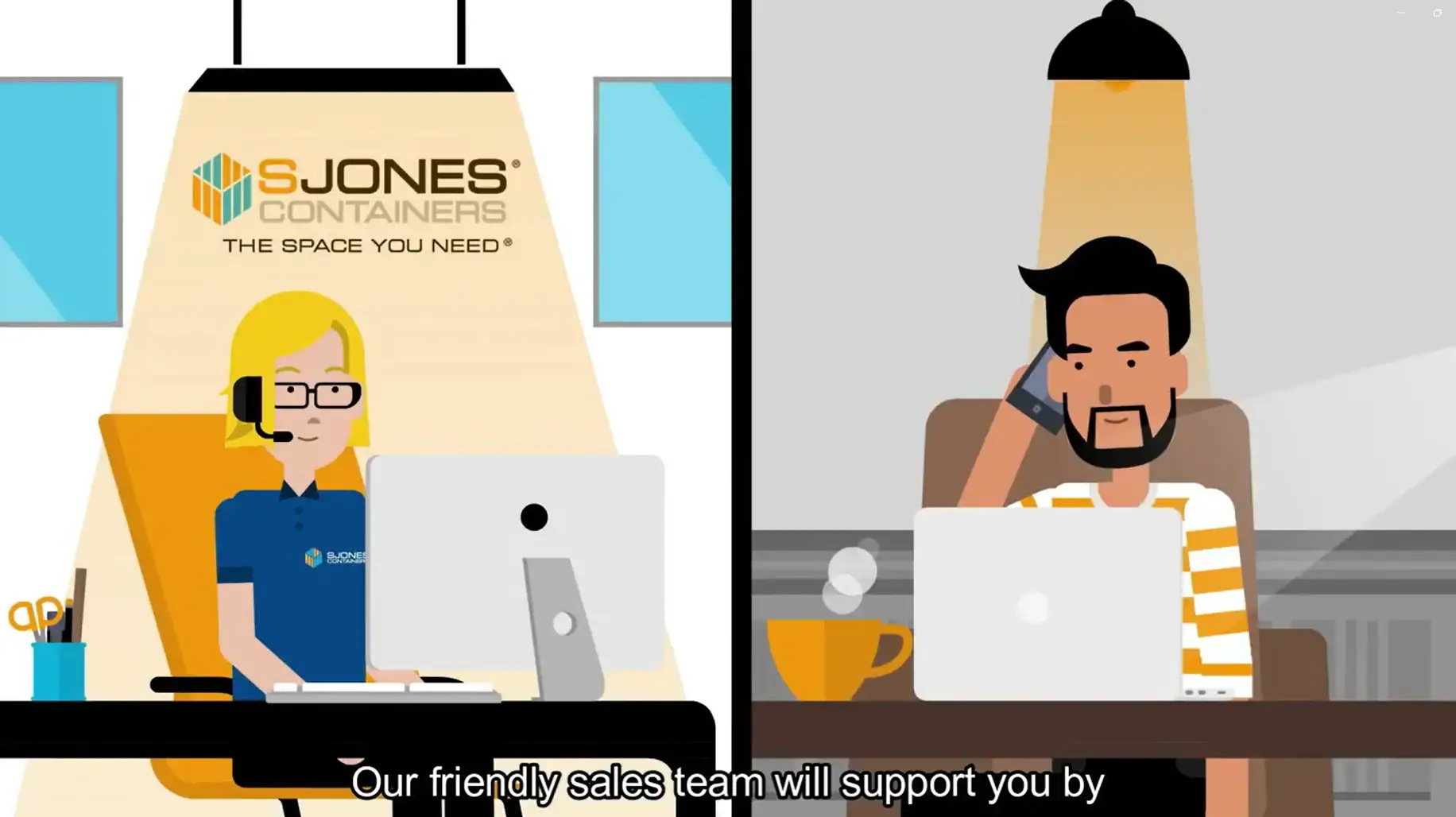 Illustrated graphic showing two people working at desks with laptops, one branded with S Jones Containers, representing digital communication, online enquiry handling, and customer support for container sales, hire, and conversion services.